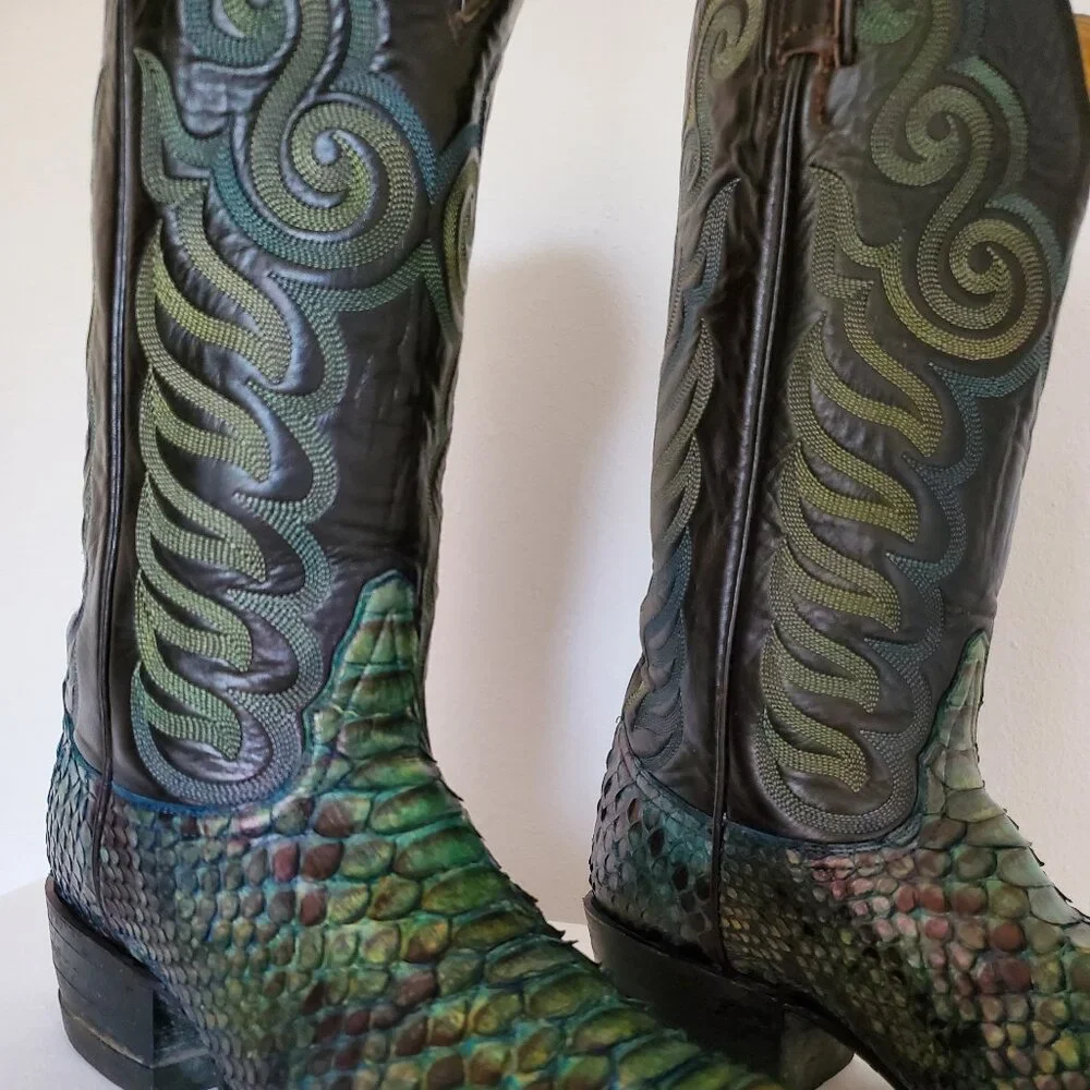 Tony Lama 8 1/2 painted blue green black western cowboy boots python snake skin